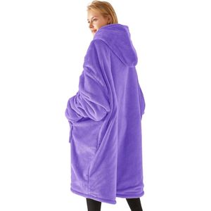 Knuffeltrui voor dames en heren, flanel, deken, hoodie, sweatshirt, oversized, jas met ritssluiting en enorme zak - paars