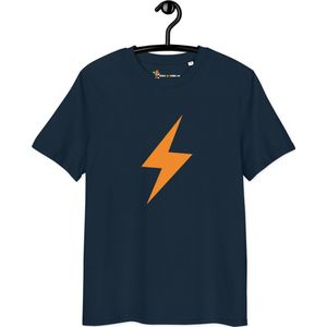 Lightning Symbool - Bitcoin T-shirt - Unisex - 100% Biologisch Katoen - Kleur Marine Blauw- Maat S | Bitcoin cadeau| Crypto cadeau| Bitcoin T-shirt| Crypto T-shirt| Bitcoin Shirt| Bitcoin Merchandise|Crypto Merch| Bitcoin Kleding