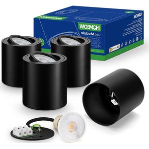 Zwarte plafondspots - Set van 4 - GU10 - Verwisselbare led-module - 6W - 220V - Warmwit - Aluminium - Ø 80 x 85 mm - Opbouwspot - Zwenkbaar