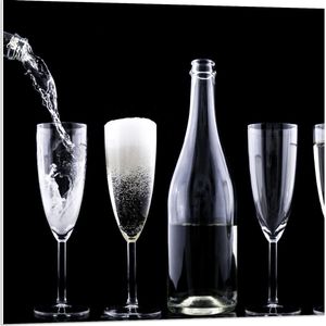 Forex - Champagne Glazen en Flessen op Zwarte Achtergrond  - 80x80cm Foto op Forex