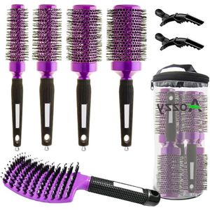 5 stuks ronde haarborstelset - föhnen krullen professionele salonstylingborstelset (paars)