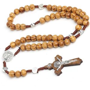 Houten rozenkrans ketting met kruis voor mannen