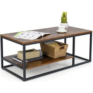 COSTWAY Salontafel, woonkamertafel, industrieel design, bijzettafel met metalen frame en planken, eenvoudige montage, houten banktafel, vintage, 105 x 50 x 42,5 cm