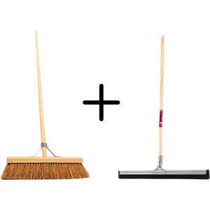 Synx Tools Coco Binnenbezem 40cm + Vloertrekker 35cm met Steel 150cm - Zaalveger – Vloerreiniger – Moppen - Zachte bezem kokos Met steel 150cm