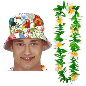 Carnaval verkleed set - Tropische Hawaii party - bucket hoed met bloemenslinger groen/wit - volwassenen