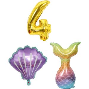 Zeemeermin - Feestversiering - Zeemeermin versiering - 4 jaar - Ballonnen - Cijferballonnen - Zeemeerminstraat - Schelp - Folieballon - Kleine Zeemeermin - Ballonnen - Verjaardag decoratie - Verjaardag versiering - Ballonnen goud