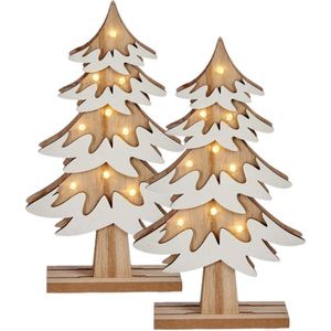 Set van 2x stuks houten kerstboompjes decoratie van 25 cm met LED verlichting - Deco kerstmis ornament