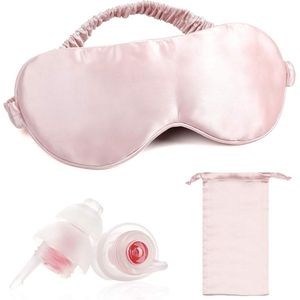 Zijden slaapmasker 100% moerbei zijden oogmasker 22 momme voor slapende vrouwen-mannen - roze met oordopjes en satijnen reistas