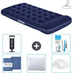 Bestway luchtbed - 1-Persoons - 99 x 188 x 28 cm - Blauw - Inclusief pomp - Hoeslaken - Kussen - Kussenbeschermer - Pomp en Reparatieset