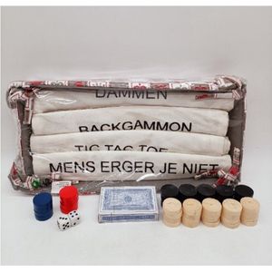 5 in 1 stoffen spellen pakket -Dammen - Backgammon - Tic Tac Toe - Mens erger je niet en een kaartspel.