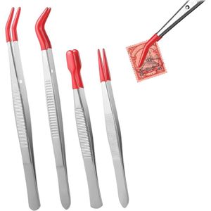 Pincetten Set van 4 - Roestvrij Staal met Rubber Coating, Gebogen en Platte Pincetten voor Hobby en Handwerk