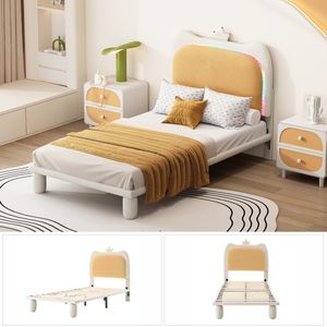 Merax Velvet Eenpersoonsbed met Kroon 90 x 200 cm - Konings Bed met LED - Kinderbed - Wit Bedframe met Kaki Geel Hoofdbord