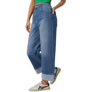 Retro casual damesbroek met wijde pijpen en opgerolde zoom, rechte jeans met hoge taille voor dames
