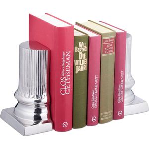 Relaxdays boekensteun zilver - set van 2 - boekenstandaard metaal - boekenhouder zuil