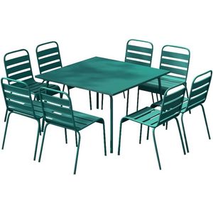 Vente-unique Tuineethoek van metaal - Een tafel D120 cm en 8 opstapelbare stoelen - Blauwgroen - MIRMANDE van MYLIA L 120 cm x H 79 cm x D 120 cm