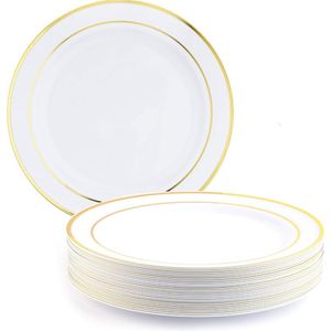 25 Witte Plastic Feestbordjes, Borden met Gouden Rand voor Bruiloften, Verjaardagen, Dopen, Kerstmis (26cm) - Elegant, Stevig en Herbruikbaar