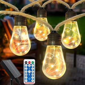 Lichtsnoer op zonne-energie voor buiten met 16 gloeilampen 6 m vintage lichtketting op zonne-energie met henneptouw weerbestendig met 8 modi decoratie voor tuin feest balkon bruiloft