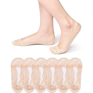 6 paar - onzichtbare lage sokken voor dames - Onzichtbare sokken voor dames - elastische antislip kanten sokken - katoenen - antislipsokken - dunne kanten sokken - voetbeschermer met siliconen - Khaki