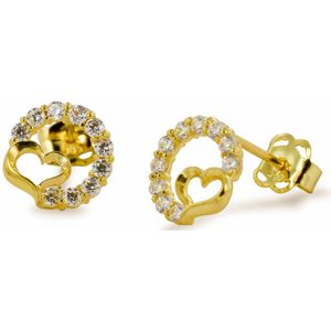 Silventi 9NBSAM-G210419 Gouden Oorknopjes - Dames - Hartjes - Cirkel - Zirkonia - 7,3 x 7,6 mm - 14 Karaat - Goud