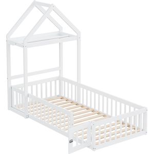 Merax Eenpersoonsbed in Huisvorm 90x200 cm met Omheining - Houten Kinderbed met Handige Plank - Wit