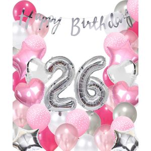 Snoes Ballonnen 26 Jaar Pink Blush Silver Mega Ballon - Compleet Feestpakket 26 Jaar - Verjaardag Versiering Slinger Happy Birthday – Folieballon – Latex Ballonnen - Helium Ballonnen - Zilver en Roze Verjaardag Decoratie