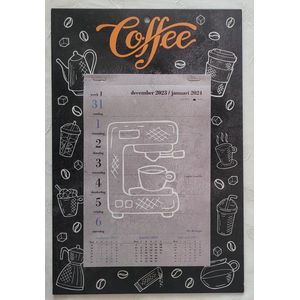 LIBOZA - Week-wandkalender 2024 - Coffee - koffie-illustraties - Je Kunt Het Bijna Ruiken - Met Eco Pen - Veel schrijfruimte - Ophangbaar - Stevige kartonnen achterkant - Cadeau - Sinterklaas - Kerstmis – Verjaardag