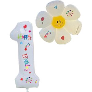 LoHa party®Daisy Folie ballonnen Set-XXL Cijfer Folie Ballon 1-Instagram-Tik Tok-Happy Birthday Sticker -Bloem ballon-Wit-Helium Ballonnen-Bruiloft-Verjardaag-Baby shower-Feestpakket-Viesering-Decoratie-4Stuks