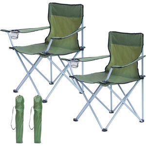 Campingstoel, opvouwbaar, set van 2, inklapbaar met bekerhouder, klapstoel camping met armleuningen en draagtas, campingstoelen, 2-delige set, licht, tot 120 kg belastbaar, groen