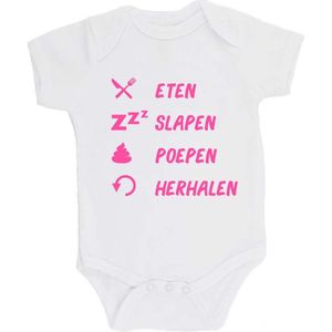 100% katoenen Romper bedrukt met grappige tekst Kado Cadeau Kraamkado Kraamcadeau ""Eten Slapen Poepen Herhalen Unisex Katoen Wit/roze Maat 56/62