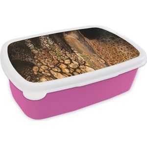 Broodtrommel Roze - Lunchbox - Brooddoos - Acrylverf - Bruin - Pouring Paint - 18x12x6 cm - Kinderen - Meisje