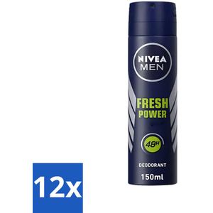 12 x Nivea - Men - Deodorant - Spray - Fresh Power - 48 Uur Lang Werkend - 150 ml - NIVEA MEN Deodorant - Anti-transpirant - 48 Uur Bescherming - Deodorant Spray - Frisse Geur