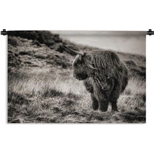 Wandkleed Schotse hooglander nieuw - Schotse hooglander in zwart-wit Wandkleed katoen 180x120 cm - Wandtapijt met foto XXL / Groot formaat!