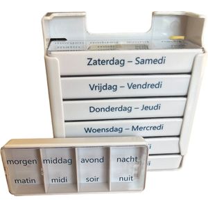 Medies - pillendoos in het Nederlands en Frans| pillendoos 7 dagen | pillendoosjes | pillendoosjes 7 dagen 4 vakken | pillendoosje week| pillendoosje - 7 aparte dagdelen met makkelijk schuifdeksel - Nederlands/Frans