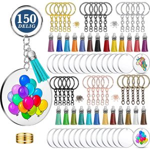 150-Delig Sleutelringen, Kwastjes & Blanco Transparant Plexiglas - Set 6 Kleuren Keychain Hobby Keyrings - DIY Foto Sleutelhangers Maken - Keychain 25mm Ringen met Kettingen - Karabijnhaak Sleutelring - Sleutellabels Splitringen - Zilver, Zwart, Goud