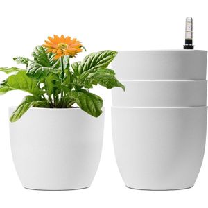 Bloempot zelfwatergevend 15 cm wit waterindicator - set van 4 waterreservoir plantenbak binnen buiten