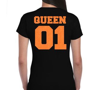 Bellatio Decorations Koningsdag shirt voor dames - Queen - zwart - glitters - feestkleding XXL