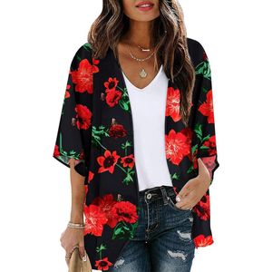 Vrouwen Casuale Korte Mouw Bloemen Chiffon Kimono Sjaal Top