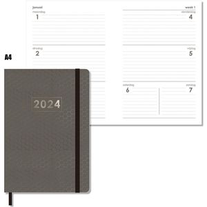 MGPcards - Agenda 2024 - A4 (30,5x21,5 cm) - Foliedruk - Week op 2 pagina's - Ruime Vakken - Antraciet-Zwart Honingraat