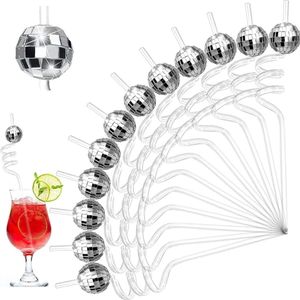 Herbruikbare plastic cocktailrietjes discobal voor verjaardagsfeesten jaren '70 zilver 12 stuks