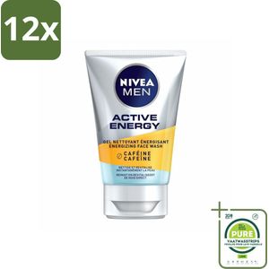 NIVEA MEN - Active Energy - Reinigingsgel Gezicht met Cafeïne - 100 ml - Voordeelverpakking - 12 stuks - Gezichtsreiniging - Cafeïne