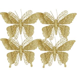 House of Seasons kerstboomversiering vlinders op clip - 4x st - goud - 16 cm