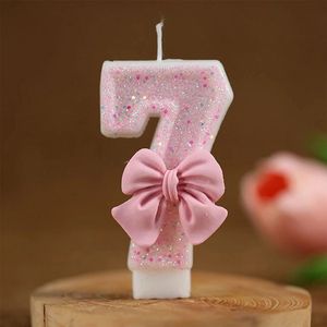 DW4Trading Verjaardagskaars 7 Roze met Strikje - Cijfer-kaars - Taartversiering