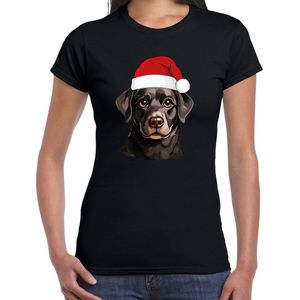 Bellatio Decorations Kerst T-shirt dames - honden - Labrador Retriever met kerstmuts - zwart - Kerstfeest XS