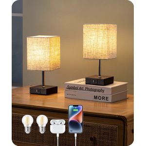 Set van 2 Tactiele Bedlampen, met USB-A & USB-C Oplaadpoort, Inclusief E27 LED-lamp, 3 Verstelbare Helderheden, LED Tafellamp voor Slaapkamer, Woonkamer, Hotel, Beige Lampenkap