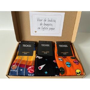 VADERDAG Fun sokken - set van 3 paar leuke heren sokken - ruimtevaart / aliens / planeten - maat 40 tot 46 - cadeau set