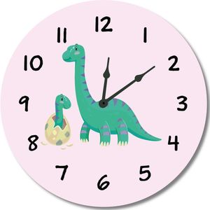 Kinderklok Dino/Dinosaurus roze | STIL UURWERK | dieren wandklok van hout voor kinderkamer en babykamer | decoratie accessoires | STIL UURWERK | meisjes slaapkamer