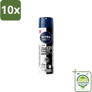 10 x NIVEA MEN – Deodorant spray – Invisible for Black & White – 150 ml - Grootverpakking - Zweetvermindering - Geurvermindering - Anti-Transpirant Spray - Kledingbescherming - 48u Bescherming