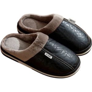 Grote Maat Heren Slippers - Waterdichte PU Leren Huis Schoenen met Bont voor Binnen | Casual Comfort en Warmte (Maat 44-45) | Huisschoenen, Slippers voor de Winter
