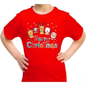 Foute kerst shirt / t-shirt dierenvriendjes Merry christmas rood voor kinderen - kerstkleding / christmas outfit 116/134