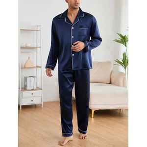 pyjama set satijn blauw heren lange broek lange mouwen nachtkleding